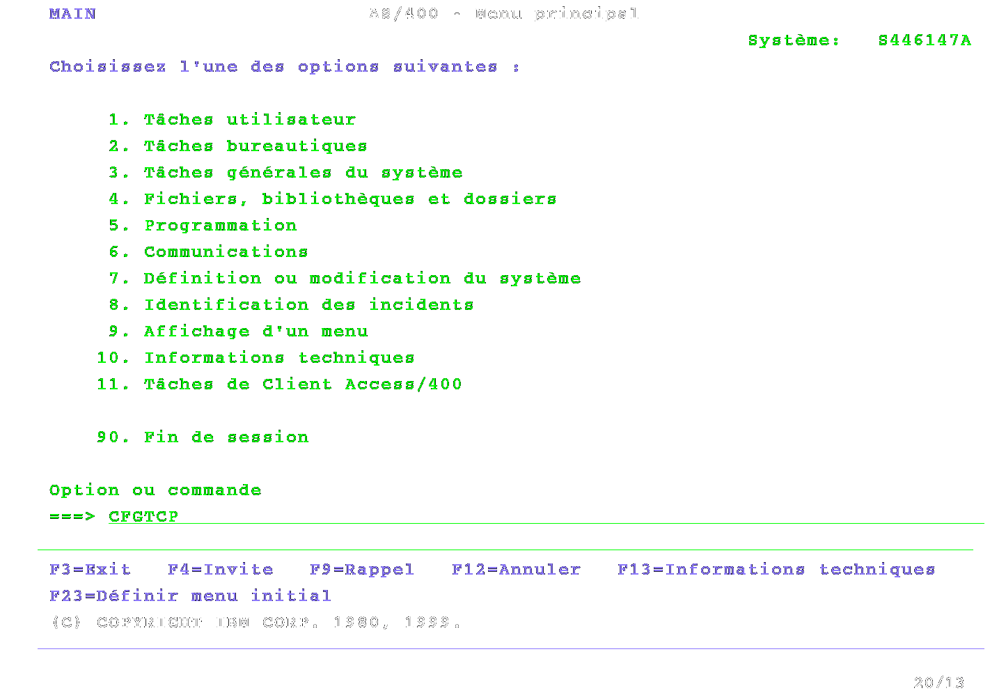Menu principal d'un AS/400